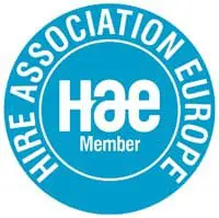 Blue circular logo with “Hire Association Europe” around “HAE Member” in white text at the center.
