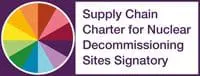 Color wheel with text: “Supply Chain Charter for Nuclear Decommissioning Sites Signatory” on purple background.