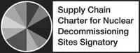 Black and white pie chart logo beside text: Supply Chain Charter for Nuclear Decommissioning Sites Signatory.