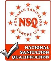NSQ logo with stars and a checkmark, reading National Sanitation Qualification, Portable Sanitation Europe Ltd.