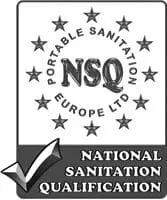 National Sanitation Qualification badge with stars and a checkmark, labeled Portable Sanitation Europe Ltd NSQ.