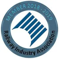 Blue badge with Railway Industry Association and Member 2018-2019 around a stylized rail track logo.