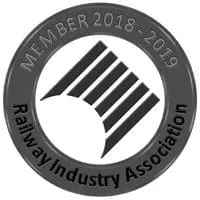 Circular Railway Industry Association badge, member 2018-2019, with a stylized rail track in the center.