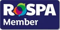 ROSPA Member logo with colorful circular design in the letter O on a dark blue background.
