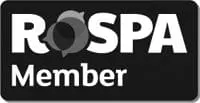 ROSPA Member logo with white text on a black background and a circular icon in the letter O.