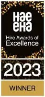 Hire Awards of Excellence 2023 Winner badge with gold confetti on black background.