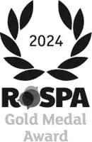 Black laurel wreath with 2024, RoSPA, and Gold Medal Award text below in bold black and gray letters.
