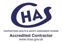 CHAS Accredited Contractor logo for Contractors Health & Safety Assessment Scheme with website link.