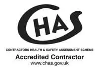 CHAS logo with text: Contractors Health & Safety Assessment Scheme, Accredited Contractor, www.chas.gov.uk.
