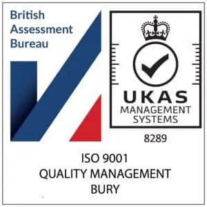 British Assessment Bureau and UKAS ISO 9001 Quality Management logo with Bury text.