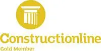 Constructionline Gold Member logo, featuring a yellow pillar icon above the company name in yellow text.