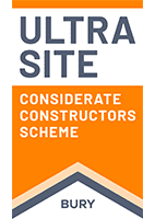 Orange and white sign reads: ULTRA SITE Considerate Constructors Scheme BURY.