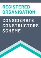Registered Organisation Considerate Constructors Scheme logo with teal and grey geometric design.