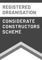 Grey and white sign reads Registered Organisation Considerate Constructors Scheme with geometric design.