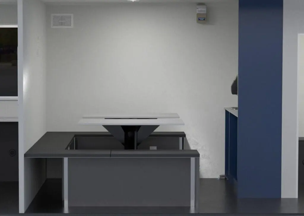 The Eco Cabin+ 24 is a modern, minimal dining booth featuring a white table and gray seating, designed for small, clean spaces.