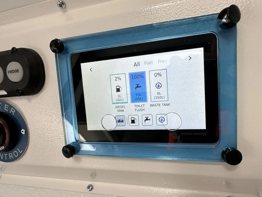 The Eco Cabin+ 24 features a touchscreen panel showing diesel at 2%, waste at 100%, fresh water at 55L, plus controls for water and toilet functions.
