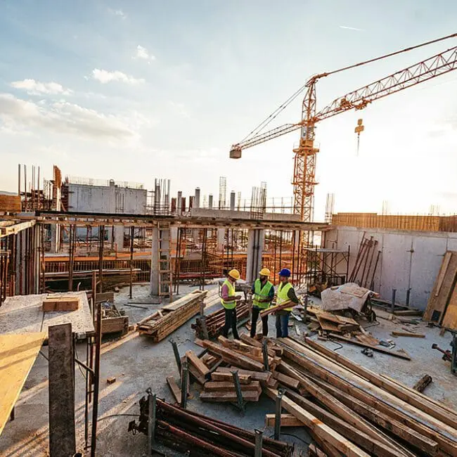 Three construction workers in safety vests and helmets stand on a busy building site with cranes and materials.