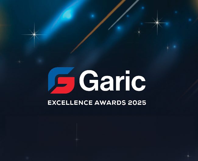 Garic Excellence Awards 2025 logo on a dark, starry background with glowing light streaks.