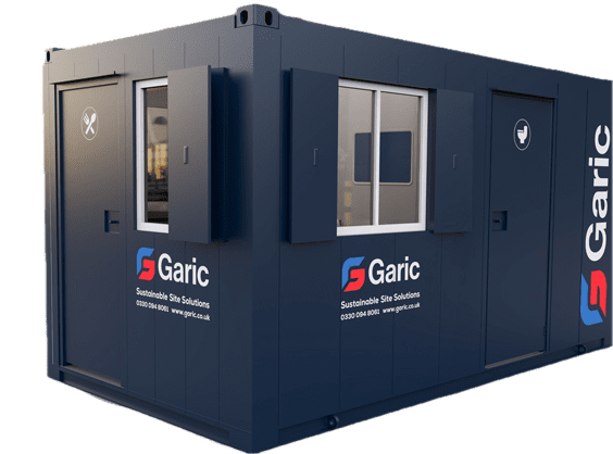 Dark blue portable site cabin with Garic branding, windows, and two doors, viewed from the front left side.