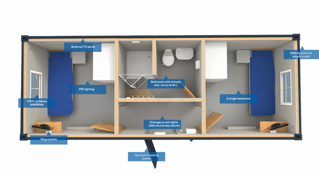 Floor plan of a two-bedroom unit with beds, bathroom, plug sockets, and labeled safety and utility features.