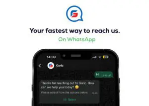 A phone displays a WhatsApp chat with Garic; text above reads Your fastest way to reach us. On WhatsApp.
