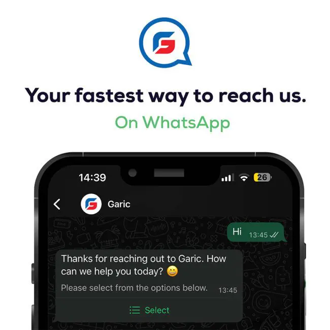 A phone displays a WhatsApp chat with Garic; text above reads Your fastest way to reach us. On WhatsApp.