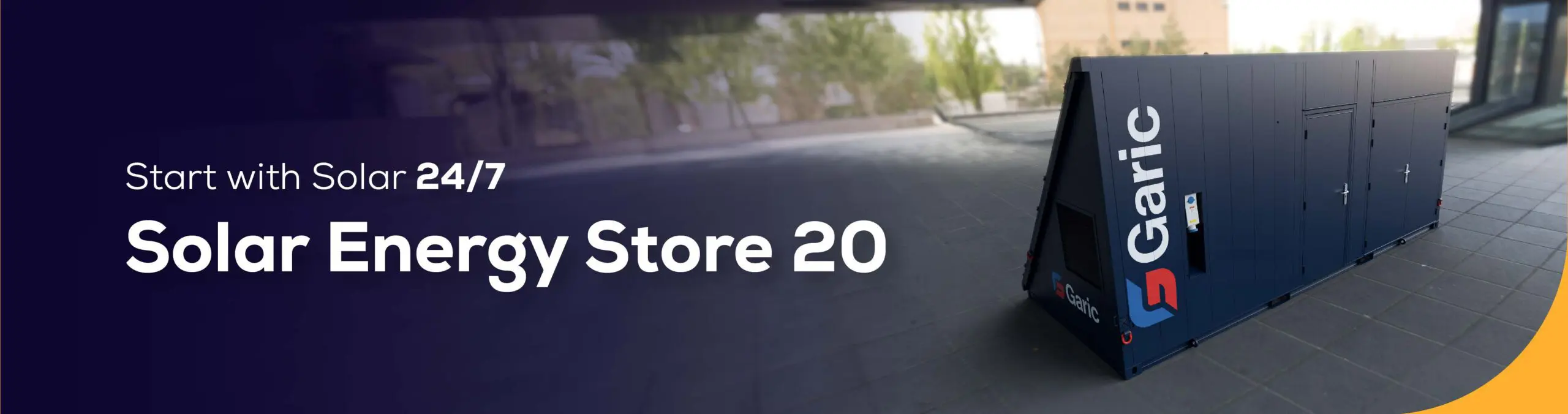 Large black Garic solar energy storage unit outside, with text Solar Energy Store 20.