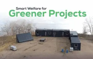 Aerial view of modular containers with solar panels and Smart Welfare for Greener Projects text.
