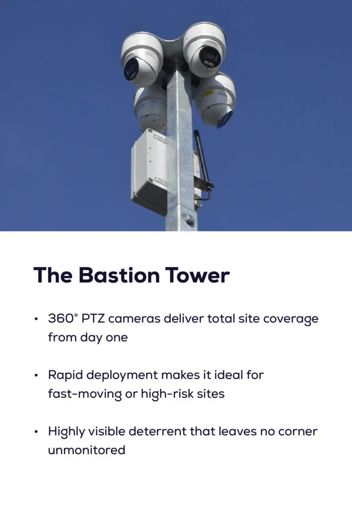 Security tower with multiple surveillance cameras mounted on a pole against a clear blue sky.