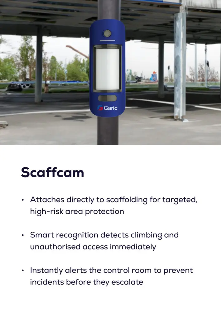 A blue Garic Scaffcam security camera mounted on a scaffolding pole in a construction area.