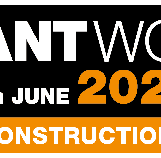 PLANTWORX 2023 construction show, 13th-15th June, text on a black and orange background.