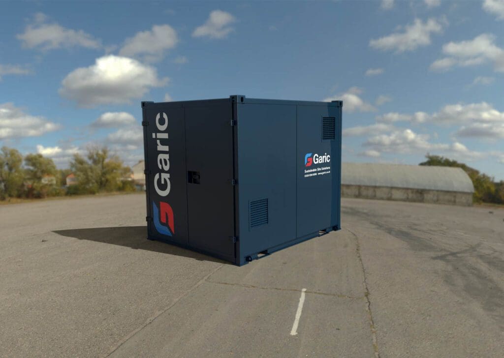 A blue COSHH Store 10 unit sits on an empty paved lot under a partly cloudy sky.