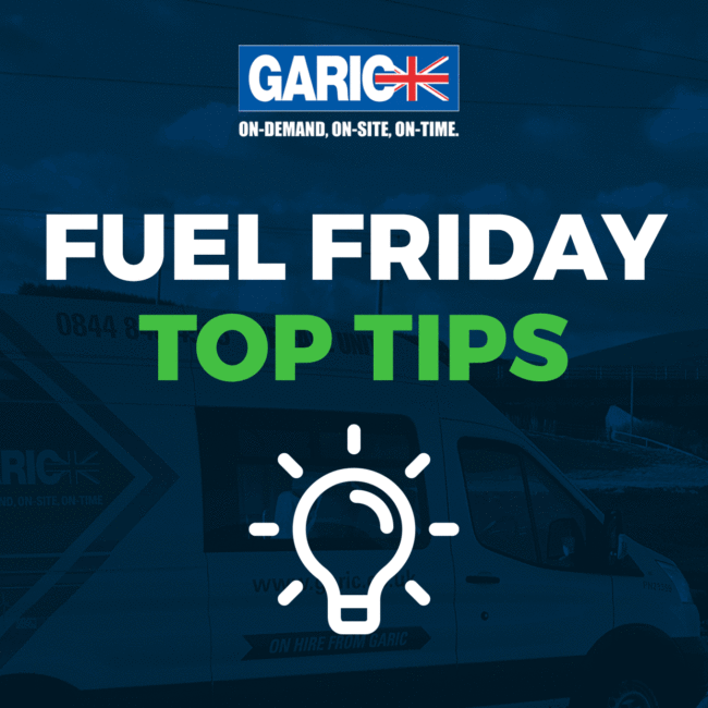 Fuel Friday Top Tips text with a lightbulb icon and a Garic van in the background.