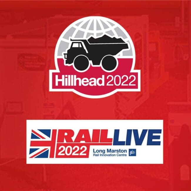 Hillhead 2022 and Rail Live 2022 event logos on a red background.