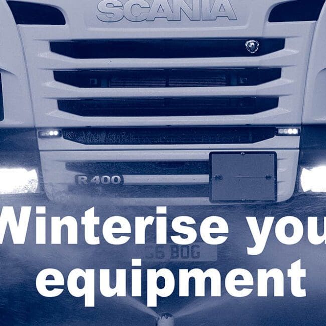 Front of a truck being washed, with the text Winterise your equipment overlaid.