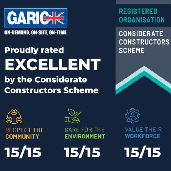 Garic rated excellent by Considerate Constructors Scheme; 15/15 for community, environment, and workforce.
