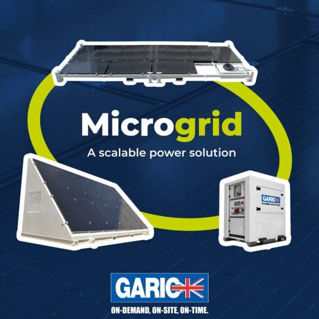 Solar panels and a generator with the text Microgrid: A scalable power solution and Garic UK branding.
