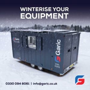 Mobile Garic equipment unit in snowy landscape with Winterise Your Equipment text above. Contact info at bottom.