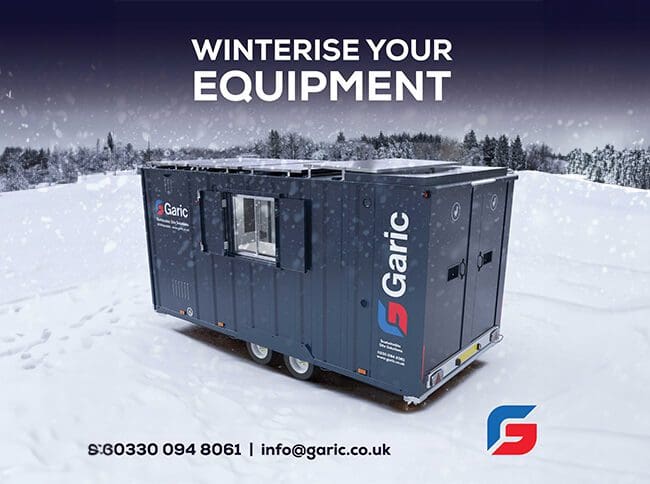 A Garic equipment unit sits on snowy ground with Winterise Your Equipment text above.