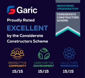 Garic rated excellent by the Considerate Constructors Scheme with top scores in community, environment, and workforce.