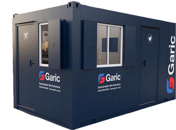 Dark blue portable site cabin with Garic branding, windows, and two doors, viewed from the front left side.
