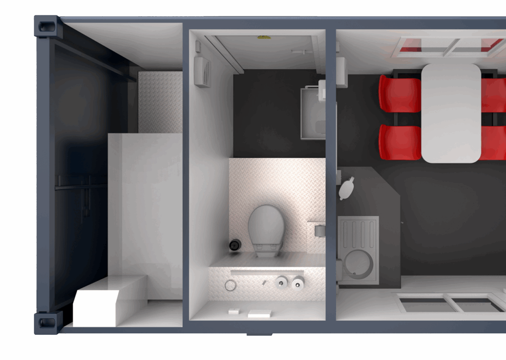 Top-down view of a small modular unit with bathroom, kitchenette, and dining area with red chairs.