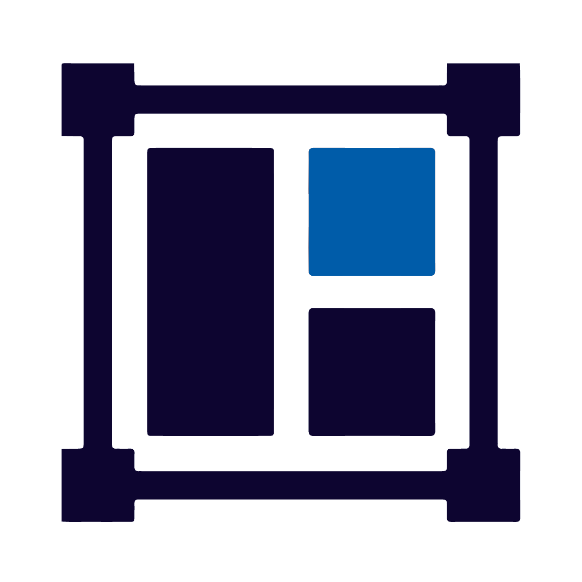Icon of a window layout with three dark panels and one blue panel in a square frame.