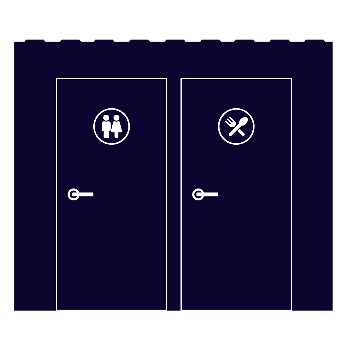 Two doors: one with a restroom sign, the other with a dining utensils symbol, on a dark background.
