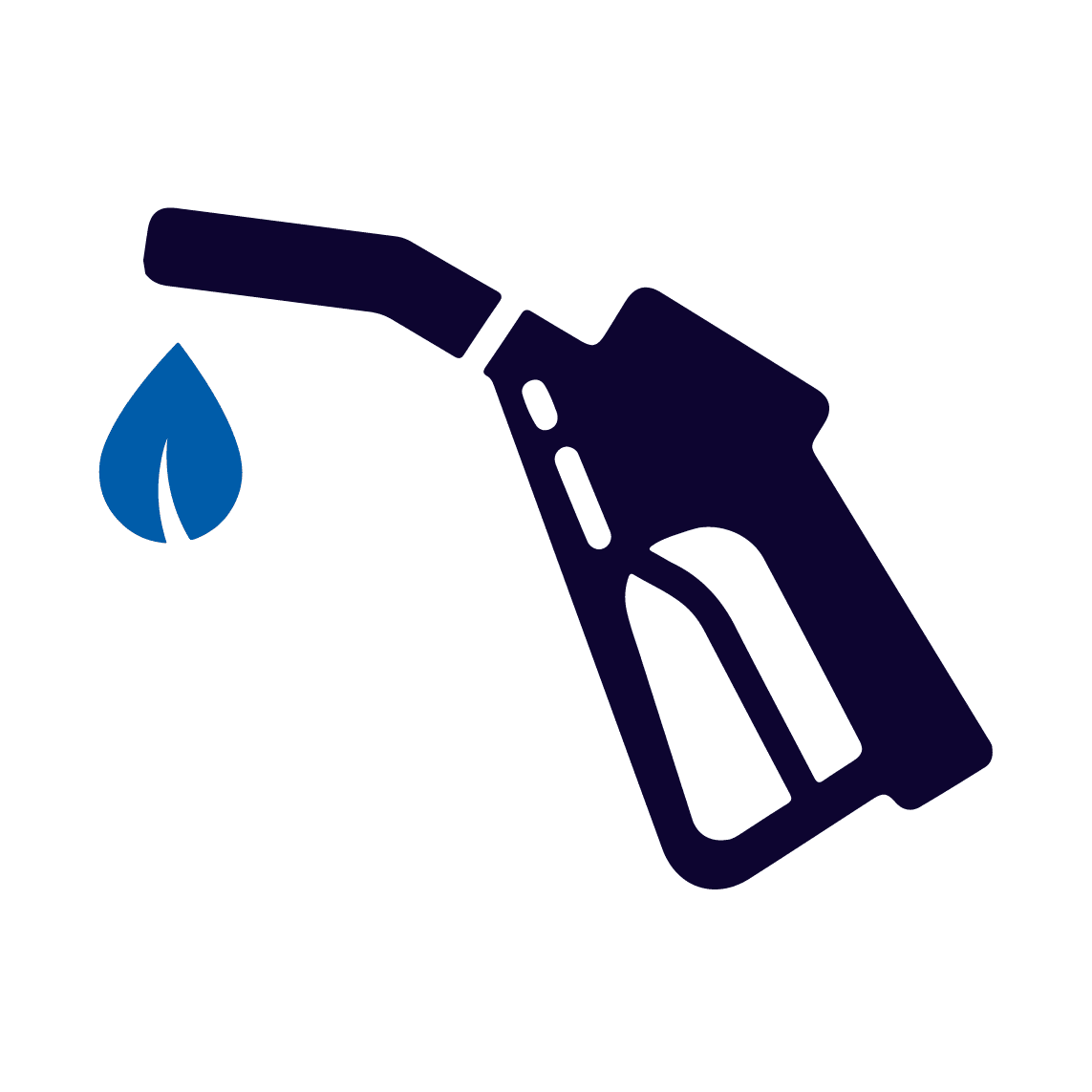 Illustration of a fuel pump nozzle with a blue droplet coming out of the tip.