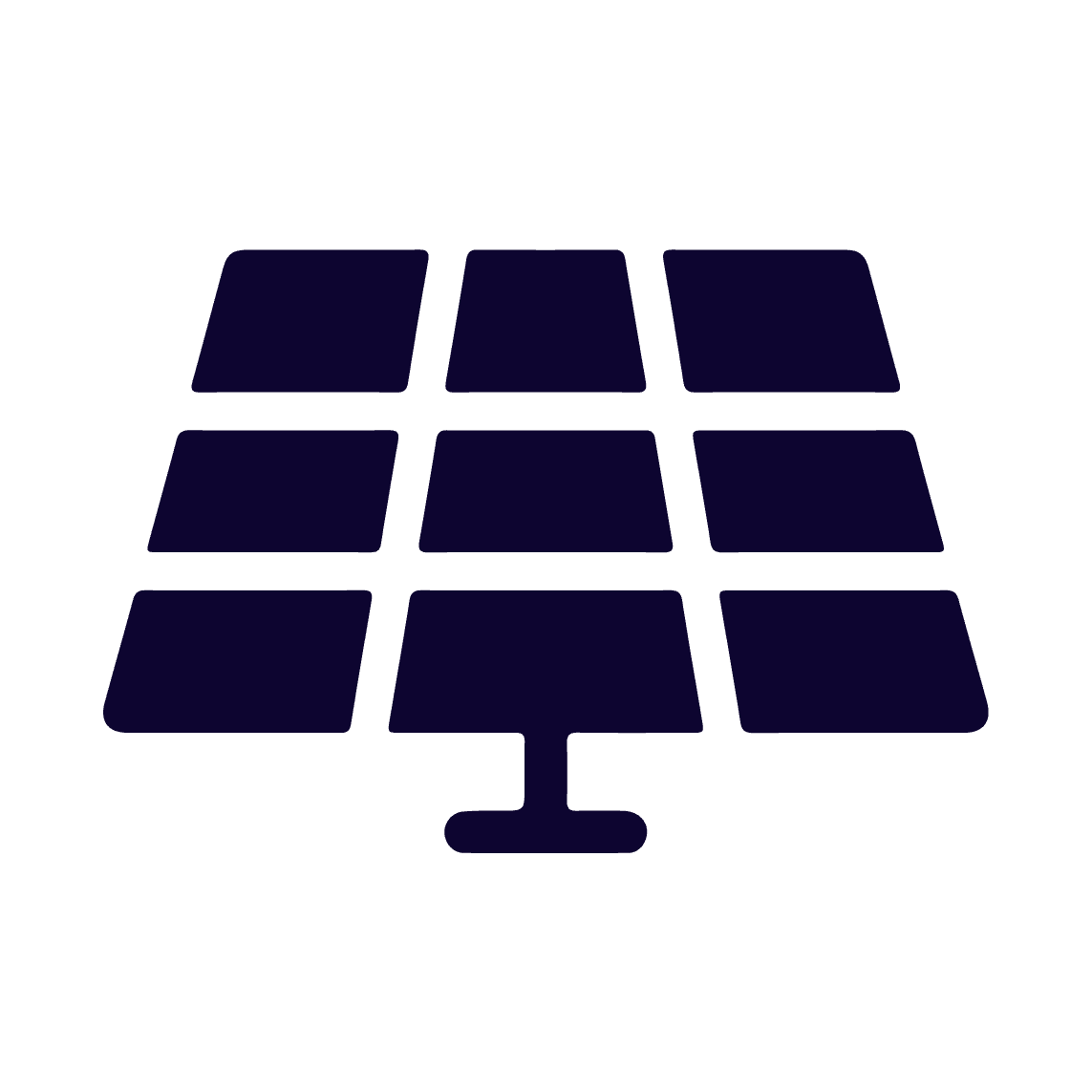 Black icon of a solar panel with nine rectangular cells on a white background.