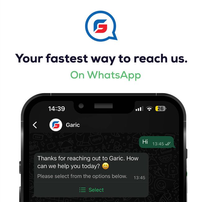 A phone displays a WhatsApp chat with Garic; text above reads Your fastest way to reach us. On WhatsApp.
